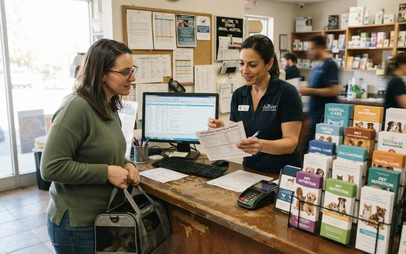 A veterinarian in Denver examining a dog on an exam table while an owner reviews a printed cost estimate